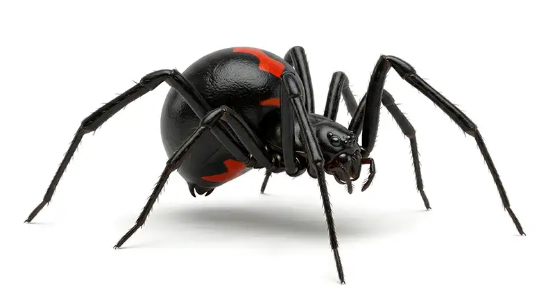 Black widow spider illustration, venomous spider with distinctive marking found in sheltered areas