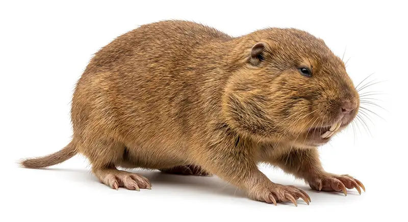 Pocket gopher illustration, burrowing rodent creating tunnels and soil mounds in yards
