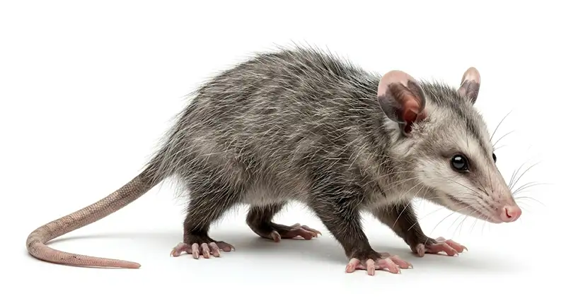 Opossum illustration, slow-moving scavenger often sheltering under decks and crawlspaces