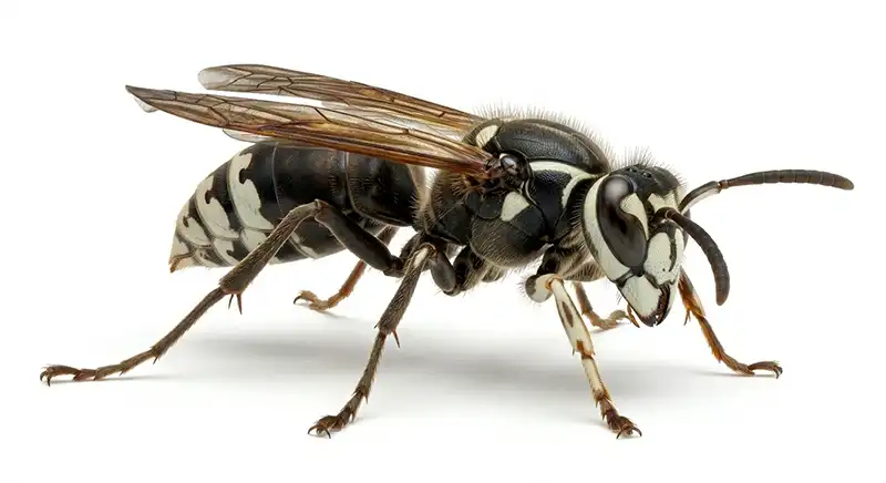 Bald-Faced Hornet illustration, builds large enclosed aerial nests in trees and on structures and defend them aggressively.